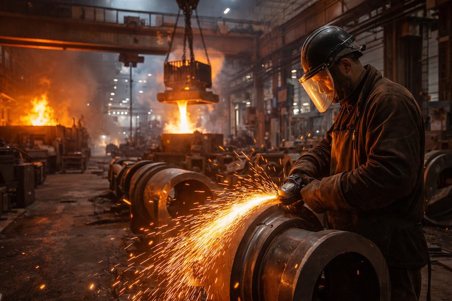 Industriell metallbearbetning i Filipstad med arbetare som slipar en stor metalldetalj, gnistor i verkstadsmiljö och tung industriprocess i bakgrunden.